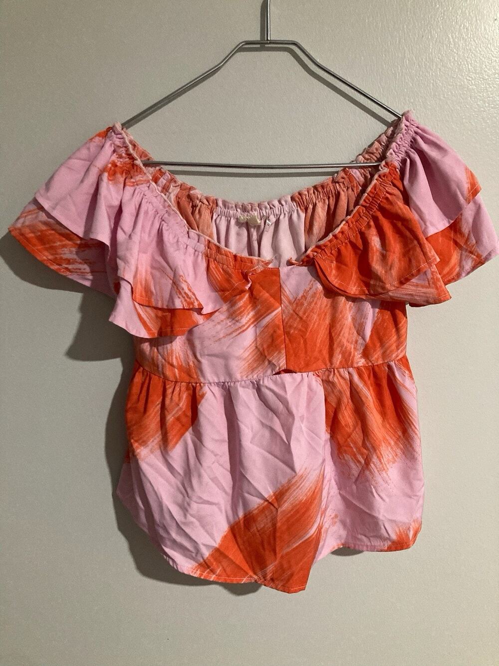Entro M Medium Blouse Ruffle Stretch Sleeves Peplum Blouse Pink Red Ties